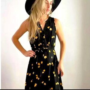 Knox Rose Midi Dress Size XL Black Yellow Floral Sleeveless ButtonUp Cottagecore